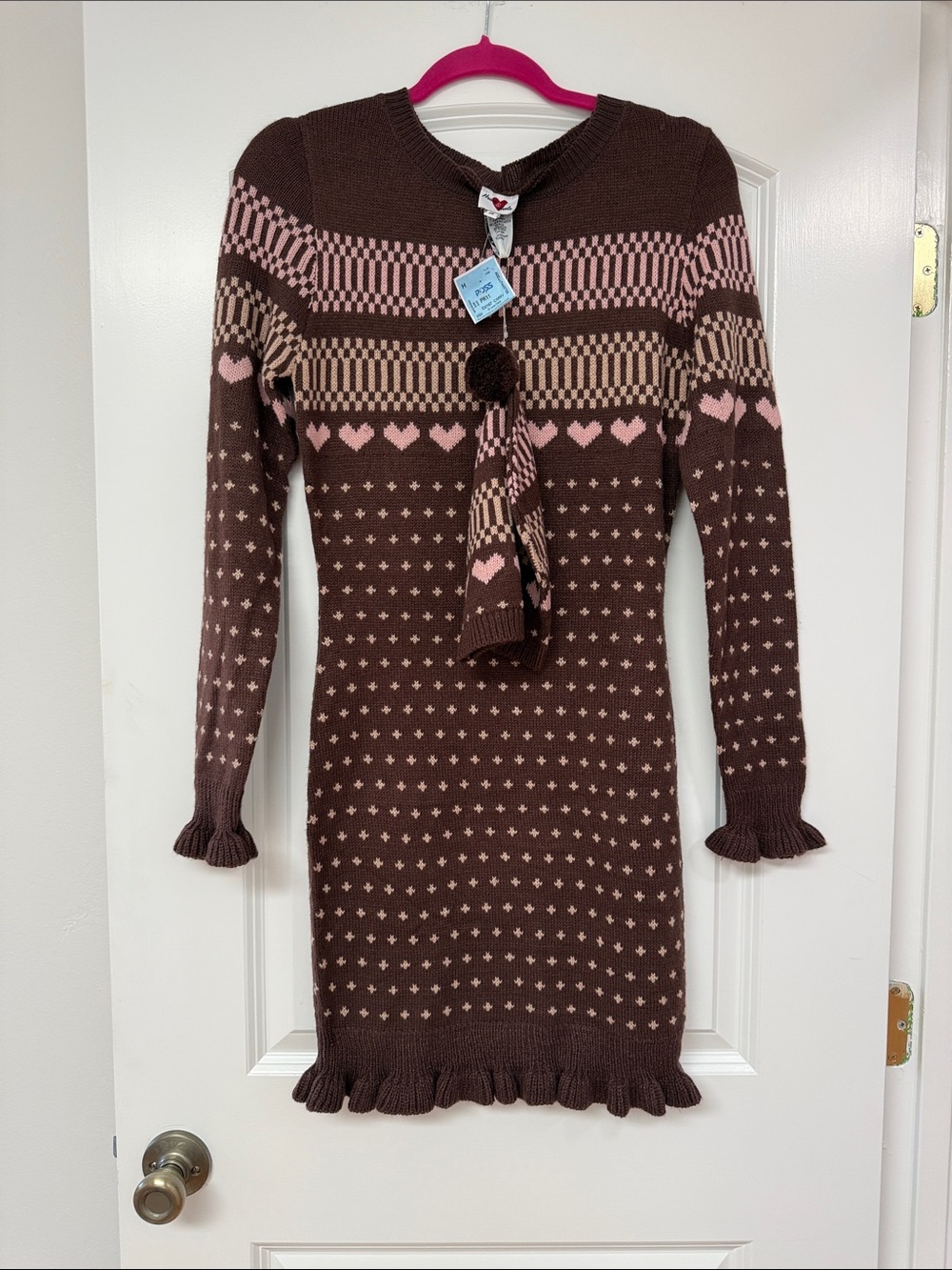 Juniors Knit Heart & Dot Long Sleeve Dress in Brown and Pink